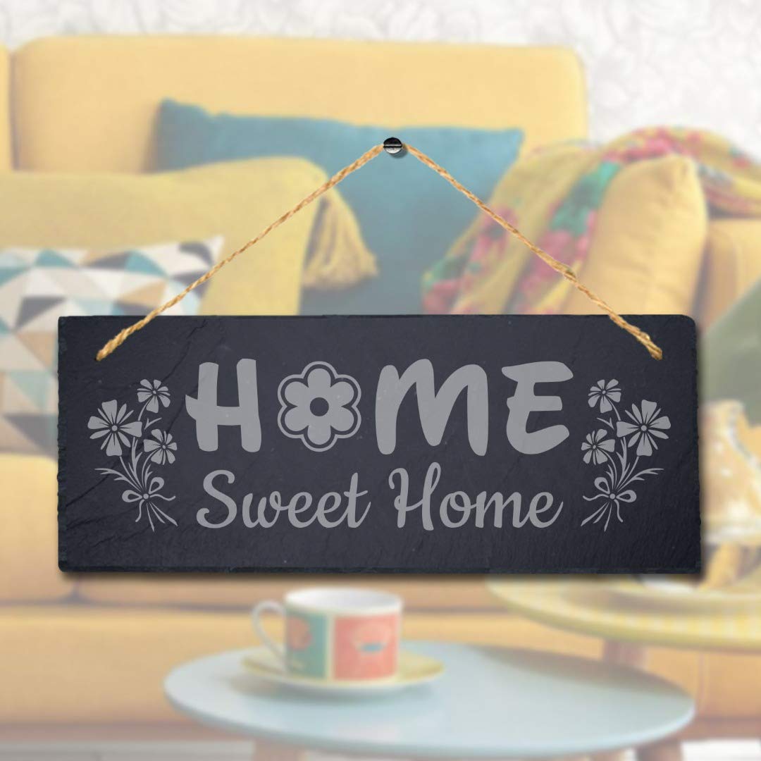 Stukk Natural Engraved Slate Stone Plaque Sweet Home Laser Hanging House Allotment Decor Sign, 30X12cm (Large)
