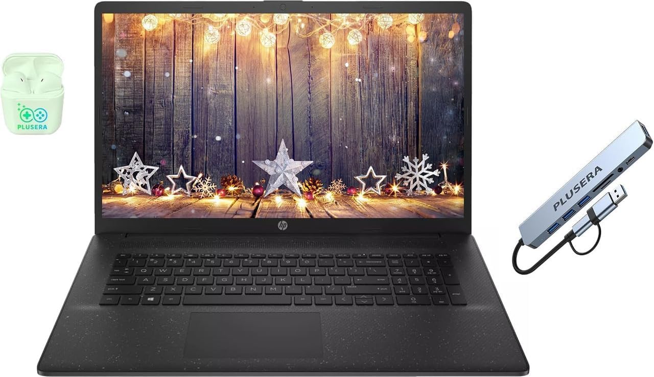 HP 17.3" Business Laptop Computer, 16GB RAM 512GB SSD, 10-Core Intel Core i5 Processor, Intel Xe Graphics, Copilot AI, Windows 11, Numeric Keypad, PLUSERA Earphones & 8-in-1 Hub Included, Jet Black