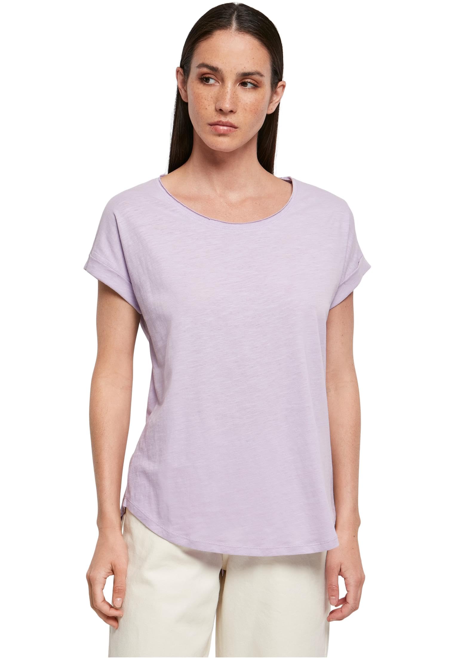 Build your Brand Women's T-Shirt Long Slub Tee Short Sleeve Top for Women with Extended Back in Black or White, Sizes XS - 5XL, Fliederfarben, XS