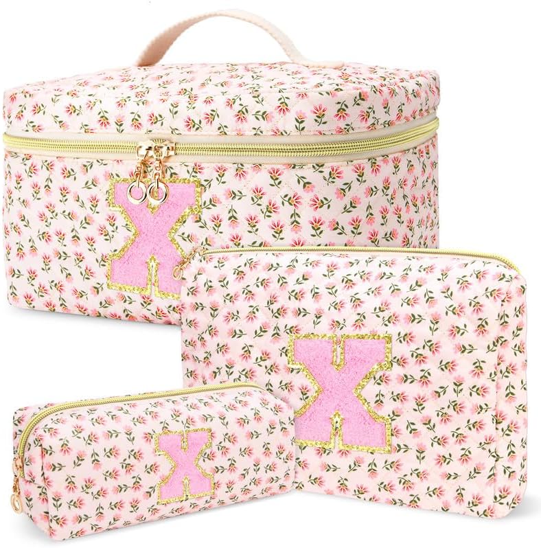 Conjunto com 3 necessaires de viagem DOSUKE em algodão matelassado, inicial X, estampa de flor vermelha