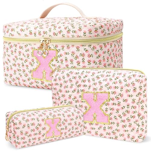 3 PCS Travel Makeup Bag Set, A–Z Initials Cotton Quilted Cosmetic Bag for Women & Preppy, Personalized Toiletry Bag Travel Accessories Makeup Brushes Organizer, Birthday Gift for Her (X, Red flower)