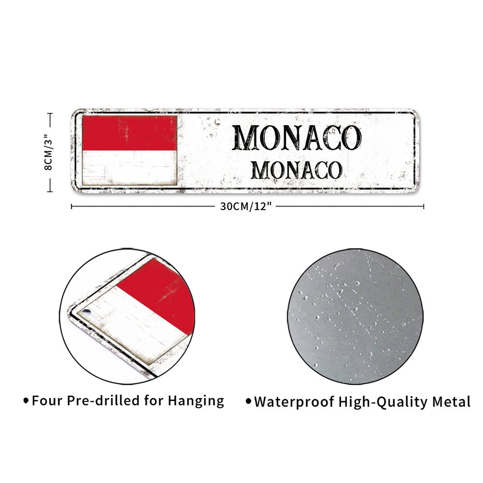 Plaque De Rue Personnalisée En Métal Avec Drapeau De Monaco - Nom De La Ville - Décoration Murale