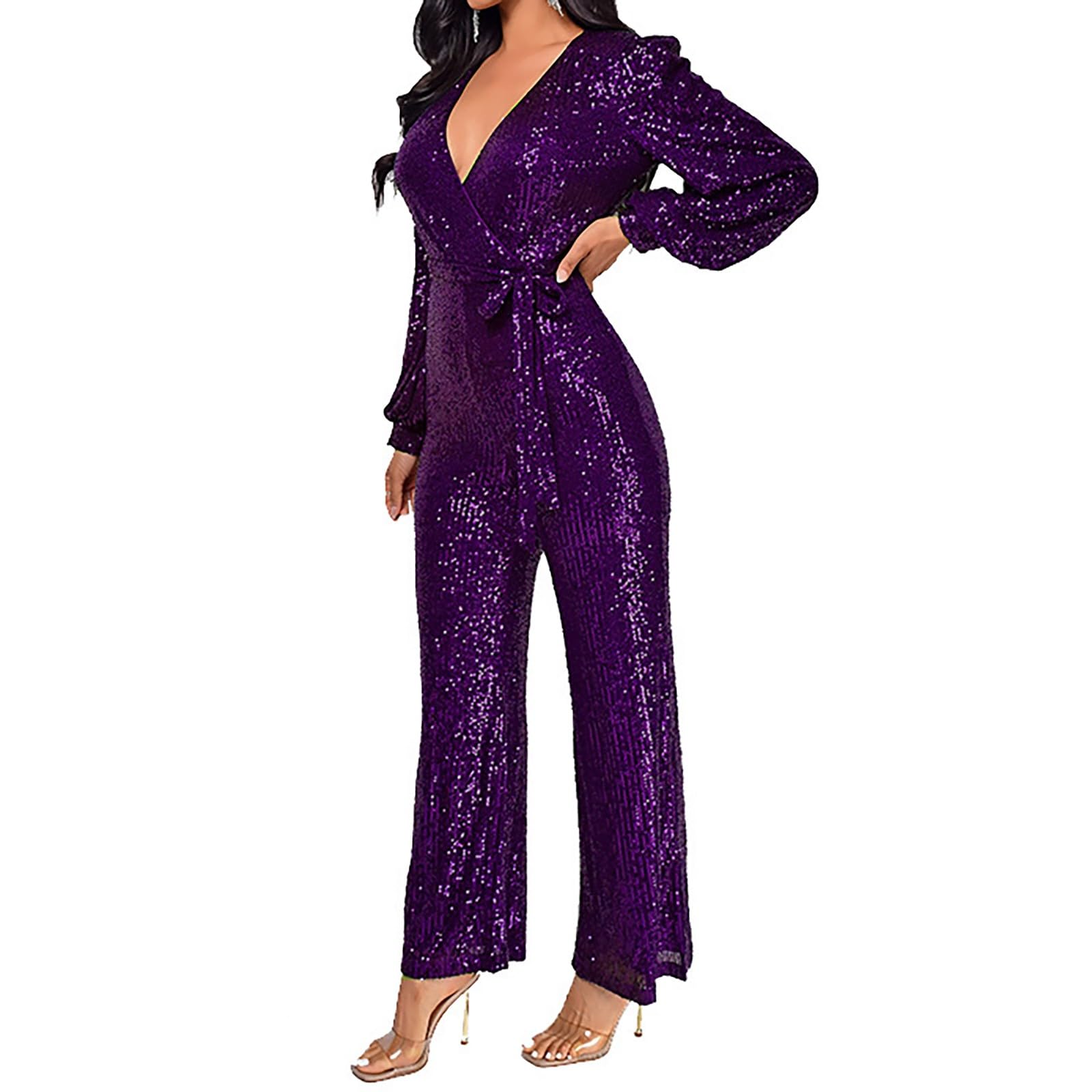 Jumpsuit Damen Elegant Mit Pailletten: Overall Glitzer Langarm V-Ausschnitt Lang Overall Hosenanzug Playsuit Mit Gürtel Romper Lightweight Schnelltrocknende Jumper Für Disco, Kostüm, Karneval