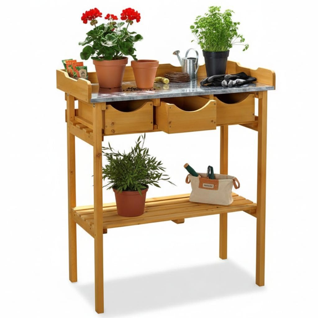 Melko Gartenarbeitstisch Gartentisch Pflanzentisch mit DREI Schubladen im Landhausstil aus Fichtenholz für den Außenbereich, 80 x 40 x 82 cm, Honigton Braun