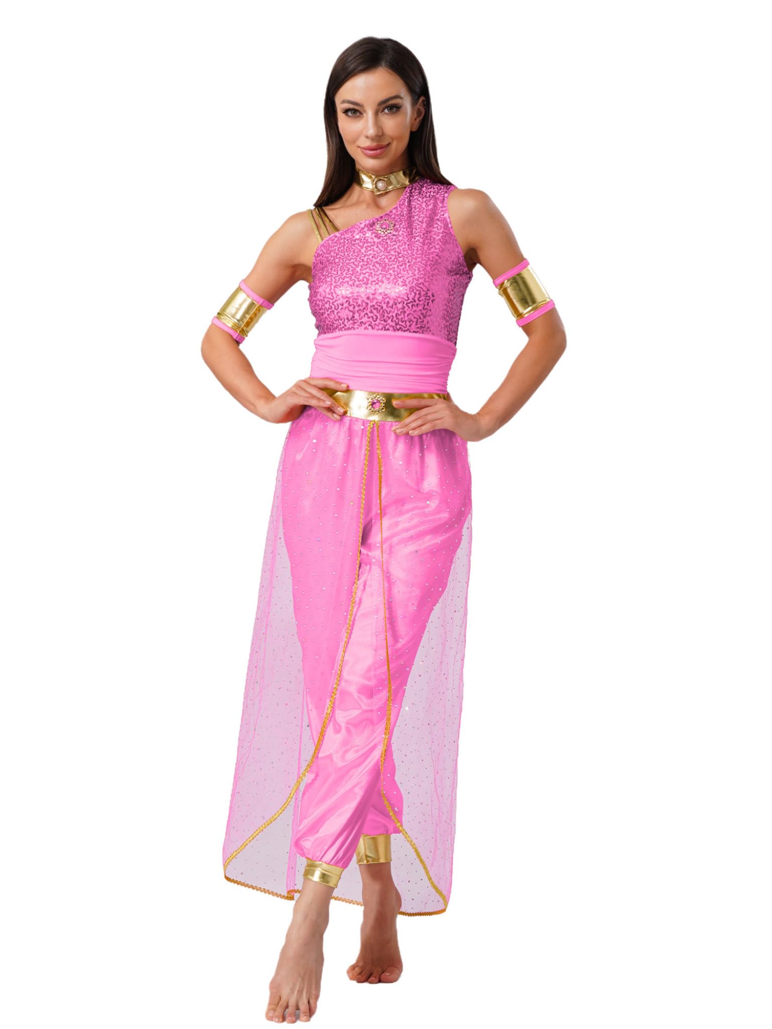 Runhomal Women's Arabian Princess Costume India Fancy Dress Performance Belly Dance Outfits Hot Pink 4XL