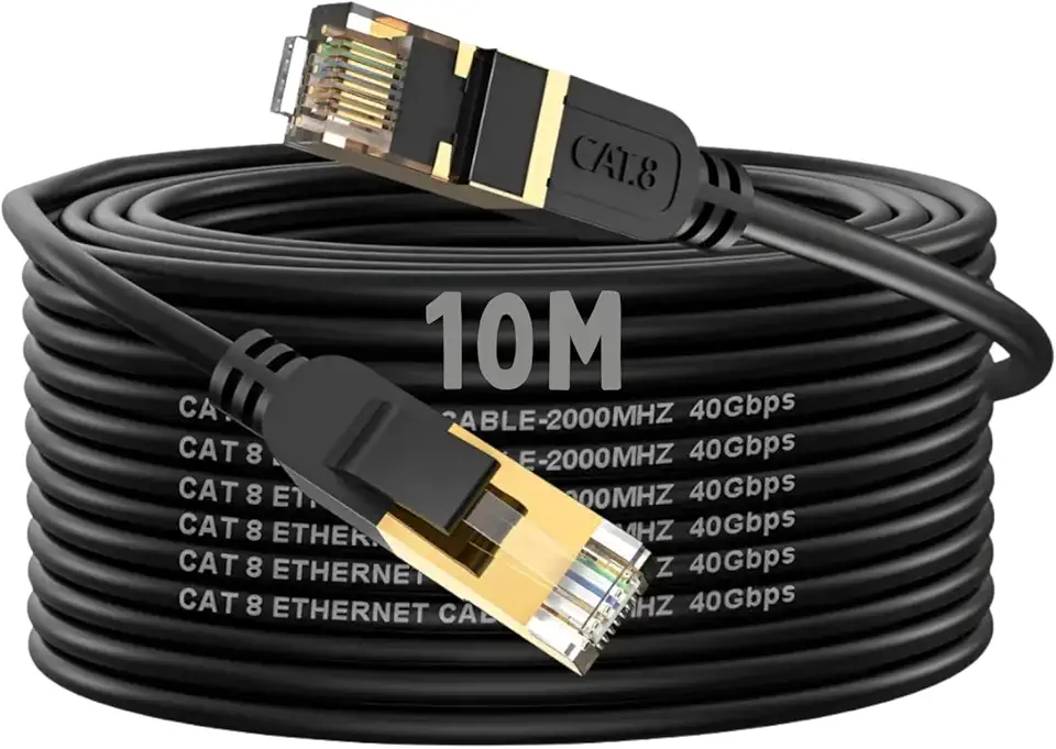 Cabo de Rede Cat8 Blindado Ethernet 40Gbps 2000MHz RJ45 Ouro 26AWG – Gaming, Compativel com PS5, PC, Servidor e Data Center (10m)
