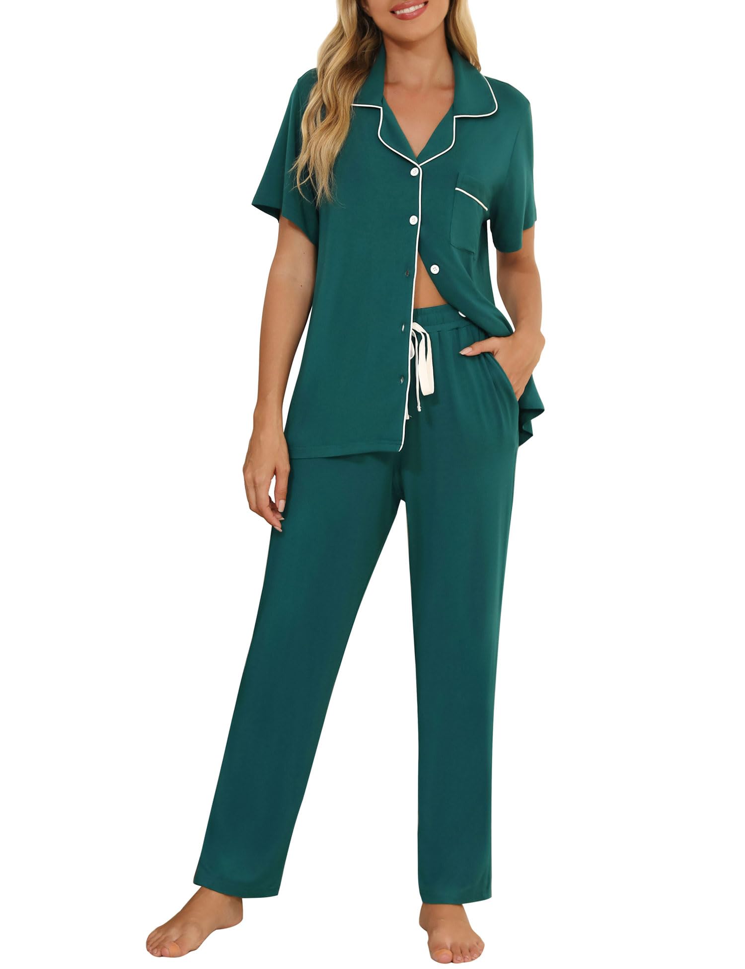 Senert Womens 2 Piece Pajamas Set Button Down Top and Pants Soft Sleepwear | Short Sleeve Lounge Sets with Pockets, Maternity/ Nursing /Postpartum Pjs Set, Bride Pjs Set for All Seasons