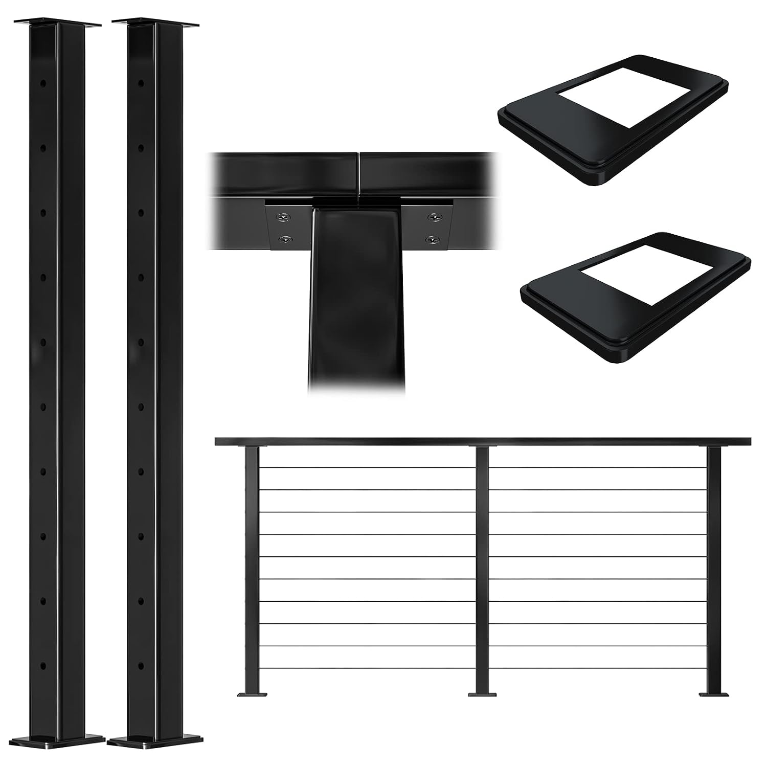 Muzata 2Pack Level drilled Cable Railing Post 36x2x2 Fixed top Level Line Post Top Mount Black Finish Stainless Steel Wood Concrete Level Deck, PS02