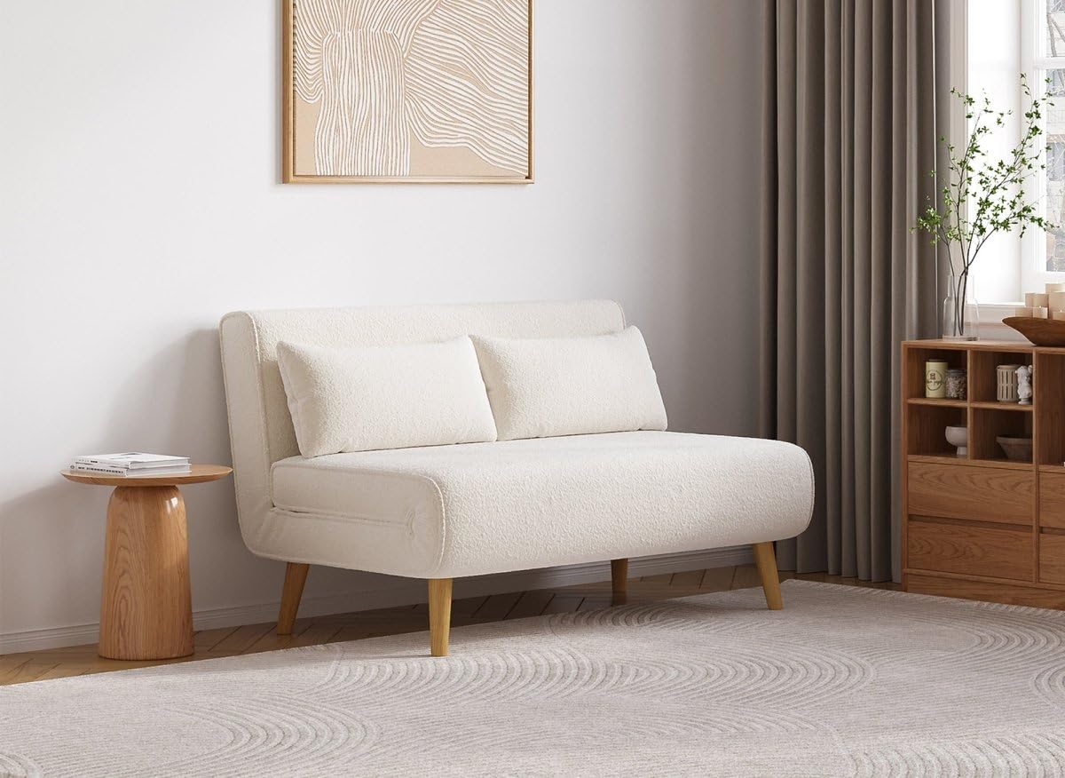 DecoInParis Banquette Convertible 2 Places en Tissu Effet Peau de Mouton Blanc écru Tonka