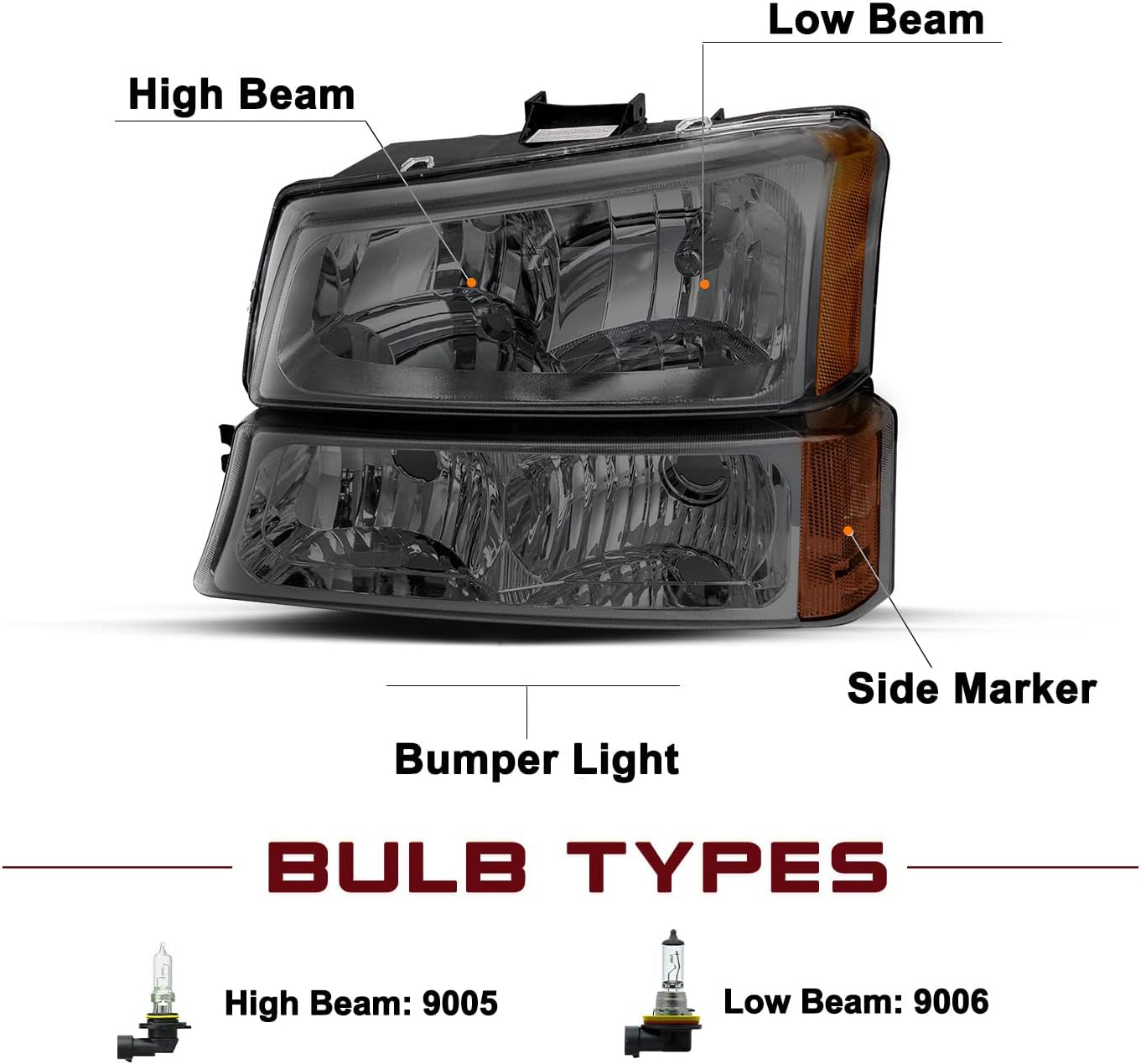 JSBOYAT Headlight Assembly Compatible with 2003-2006 Chevy Silverado / 2003-2006 Avalanche with Bumper Lights 4pcs Passenger & Driver Side (Amber Reflector with Smoke Lens)