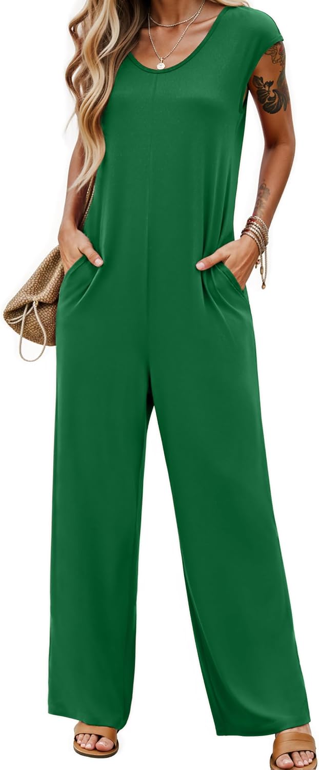 LILBETTER Summer Dressy Jumpsuits for Women One Piece Cap Sleeve Casual Outfits Crewneck Wide Leg Date Night Rompers