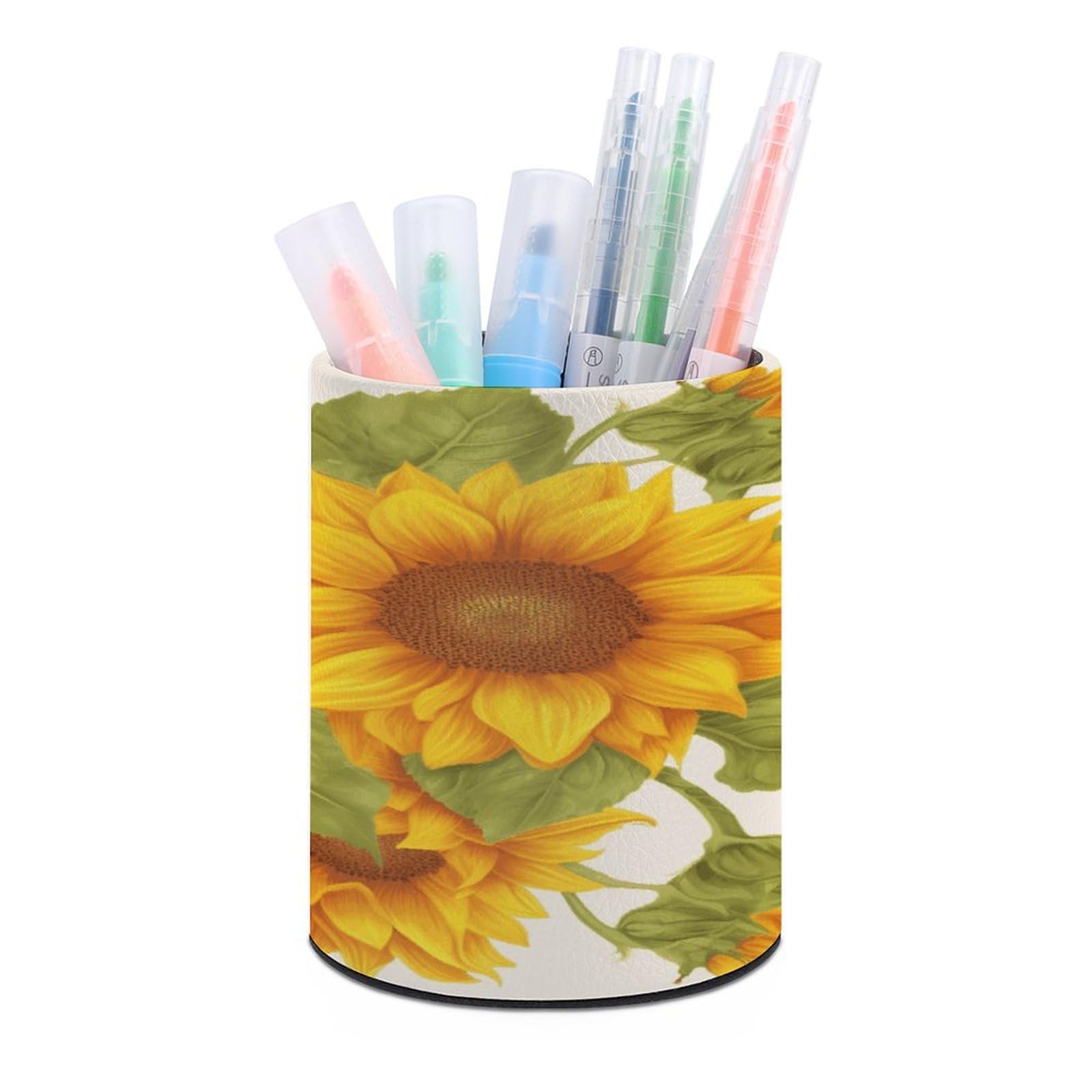 MUSM Fresh Sunflower Pen Holder Large Capacity Pen Holder Modern PU Pencil Holders Durable Waterproof Pens Cup for Home Office Desktop Organizer