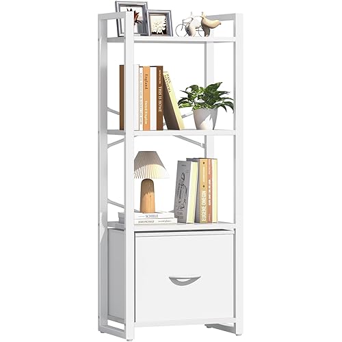 Yoobure Bookshelf, 4 Tier Book Shelf with Drawer, Small Bookcase Narrow Book Case, Industrial Bookshelves Shelf for Bedroom Living Room Office, Book Storage Organizer for CD/Movie White