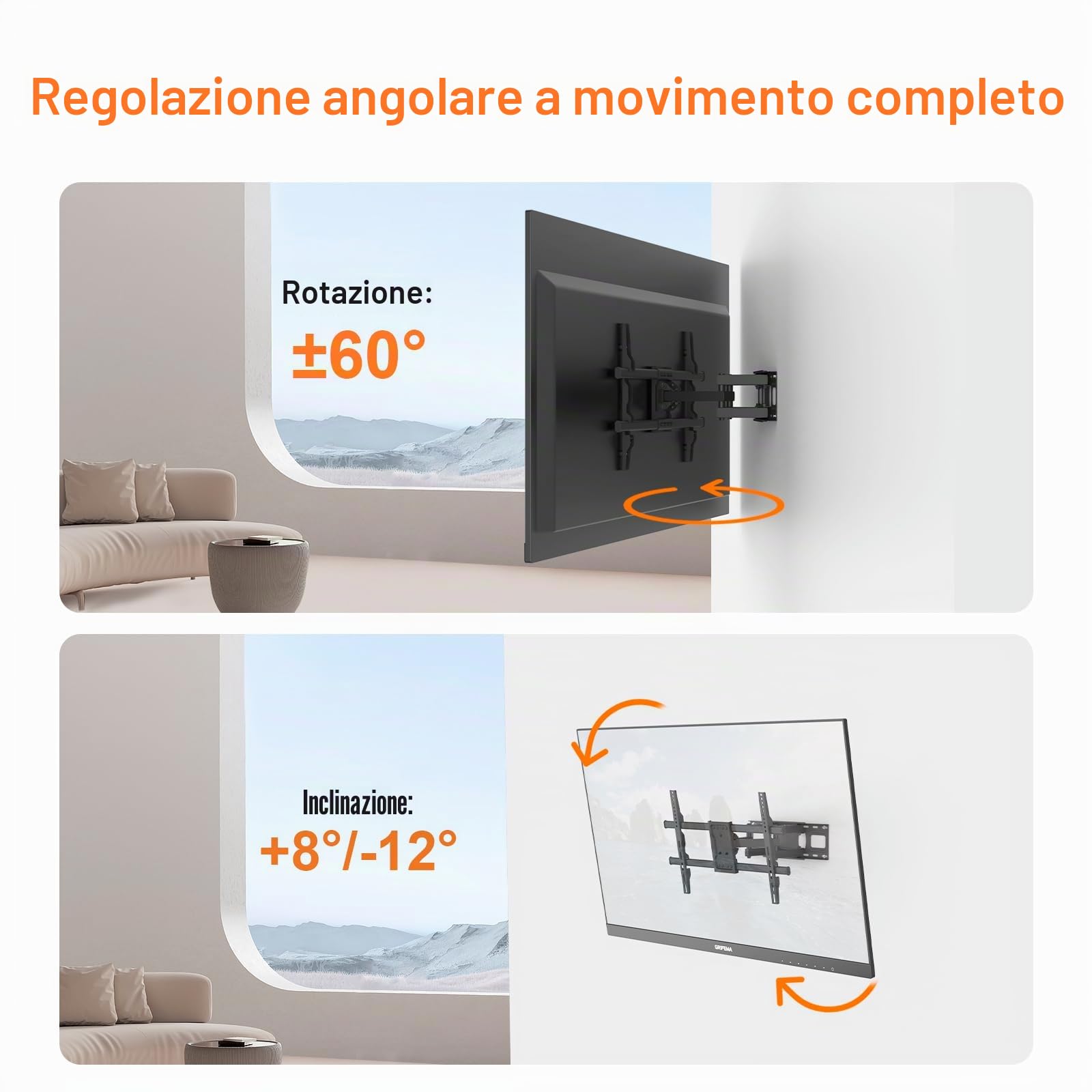 GRIFEMA Supporto da parete per TV da 32 a 80 pollici | Per TV piatti e curvi, fino a 60 kg, orientabile, inclinabile, max VESA 600x400mm