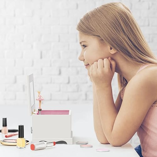Miniatura 2 de Maverton Caja de bailarina de ballet personalizada con manivela, joyero para niñas, estuche de madera blanca con espejo, caja sobreimpresa para