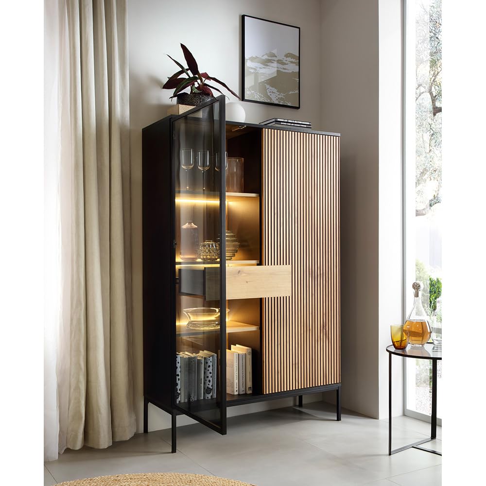 Lomadox Wohnzimmer Esszimmer Anrichte Highboard mit Beleuchtung in schwarz mit Wotan Eiche