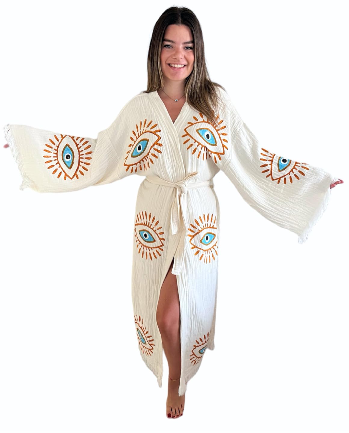 Handmade Evil Eye Kimono - Women Beach Cover Up - Festival Bohemian Robe - Boho Cotton Cardigan - Dressing Gown