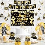 Black Gold Birthday Decorations for Men Women, Pre-Strung Happy Birthday Banner with Backdrop, Balloons,Honeycomb Centerpieces & Streamers Kit - Image 2