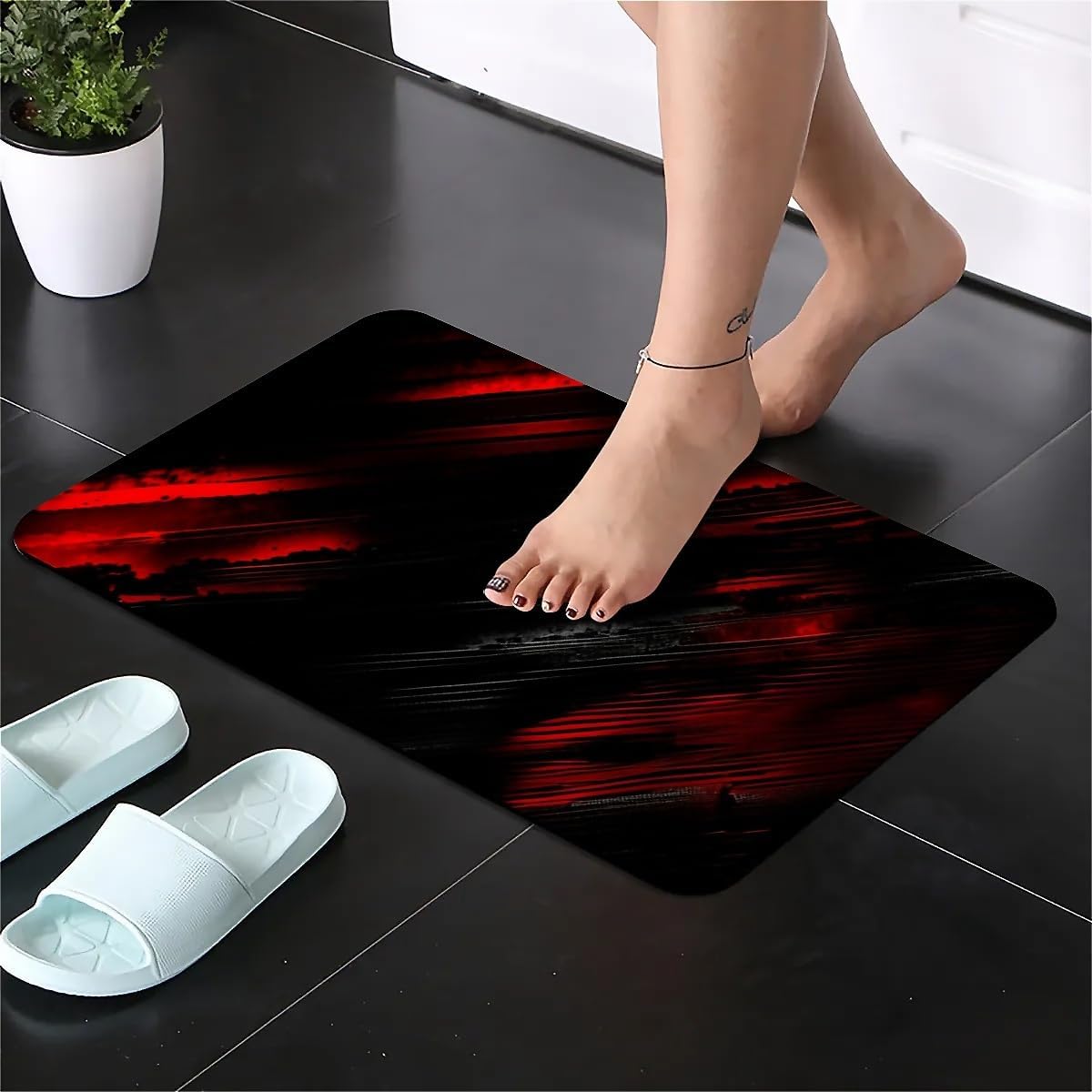 Bath Mat Rug,Black and red Stripes Non Slip Quick Dry Super Absorbent Thin Bathroom Rugs Fit Under Door-Easy to Clean Bathroom Floor Mats-Shower Rug for Shower Sink Bathtub(16" x 24"in)