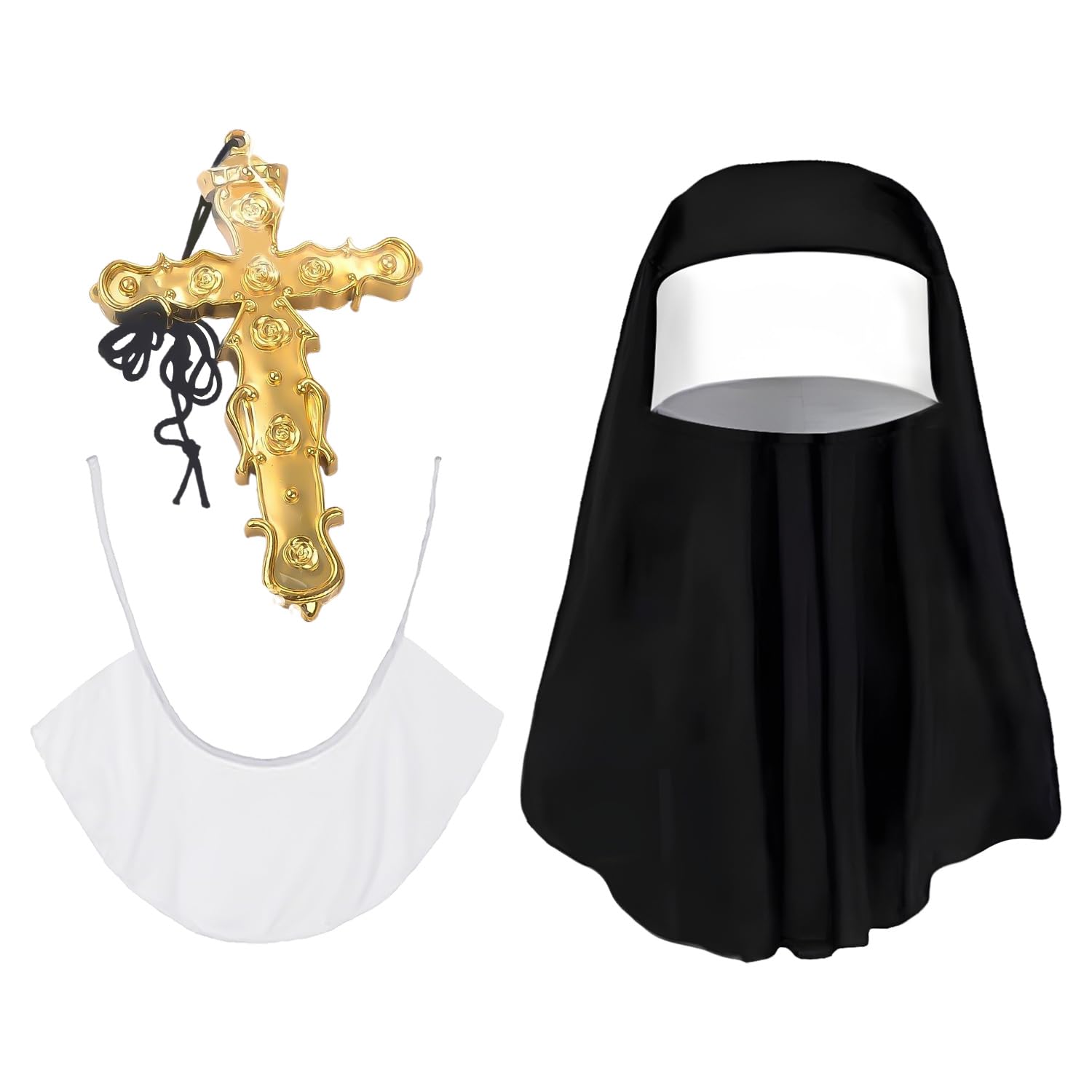DVOFU 3Pieces Nun Dress Up Costumes Set Nun Headpiece Collar Crossing Necklace Novelty Nun Costume Kit for Women Halloween Fancy Dress