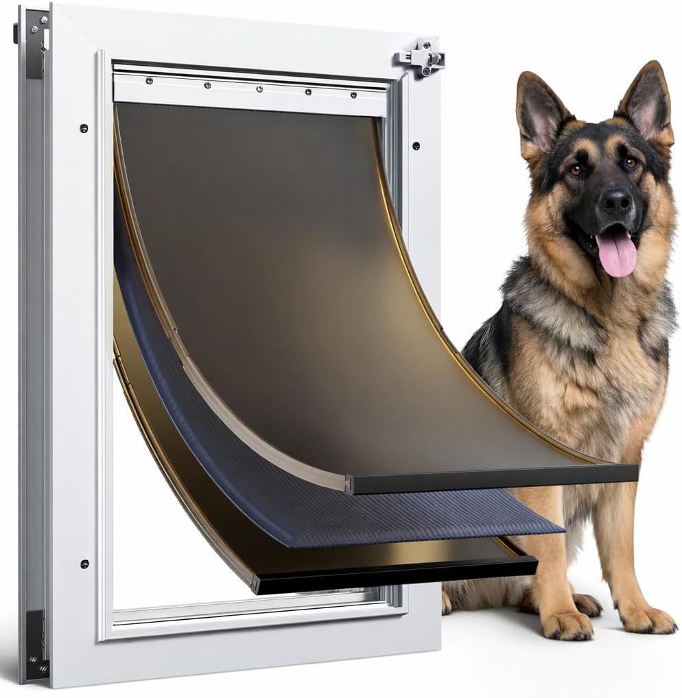 Dog Door for Door All Aluminum 3 Flaps White, Large Dog Doggy Doggie Door, Heavy Duty Pet Door for Dogs, with Insulation Flap and Lockable Closing Panel, Durable Rust Resistant, for Pets Up to 110lbs