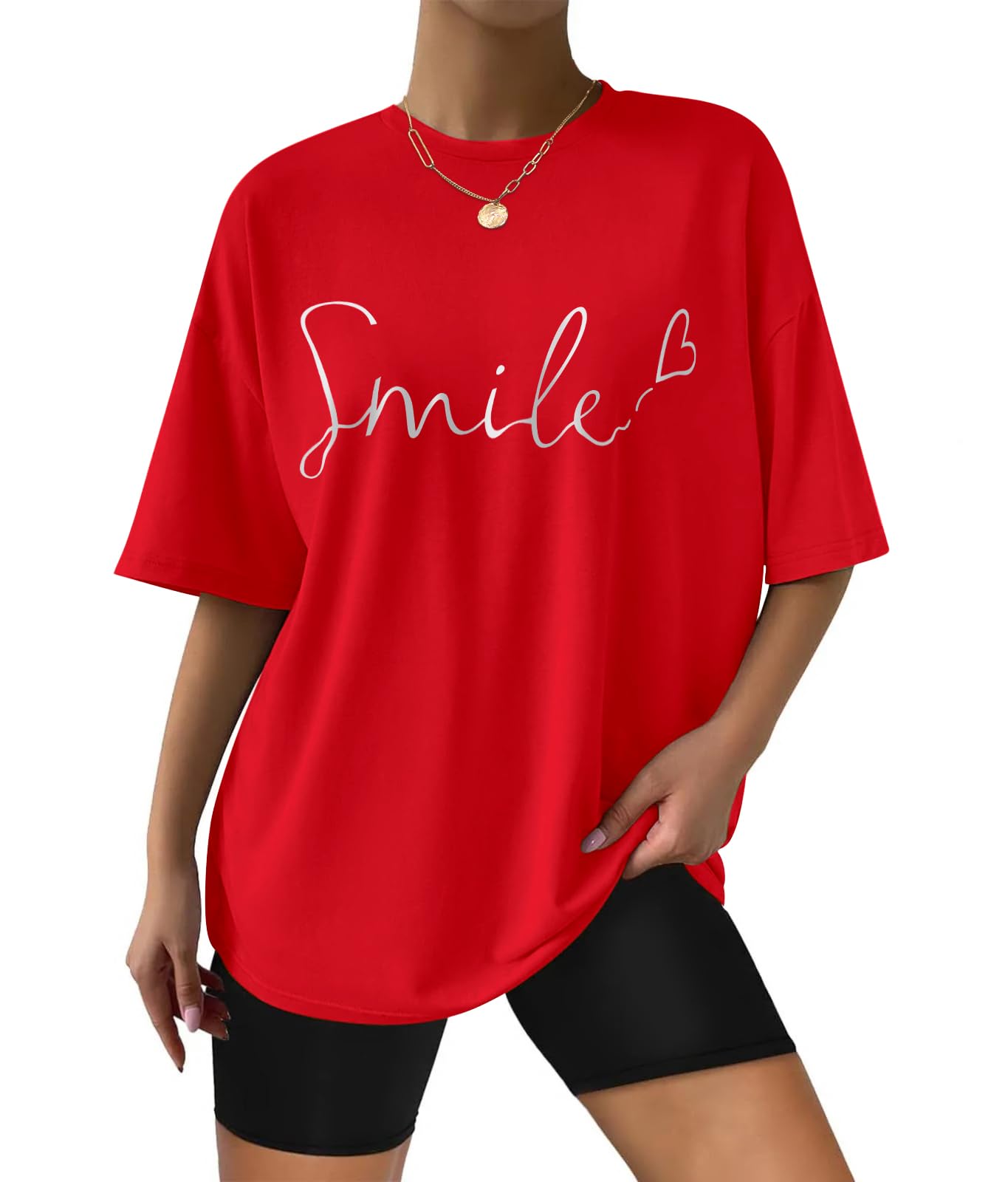 heekpek T Shirt Damen Oversize Sommer Baumwolle Tshirt Rundhals Locker Lächeln Drucke Kurzarm T-Shirt Übergroße Casual Basic Top