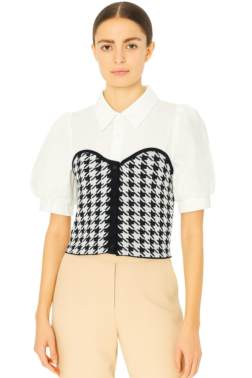 Women's Knitted Puff Short-Sleeve Collared Houndstooth Patchwork T-Shirts Top DN70135-image-6