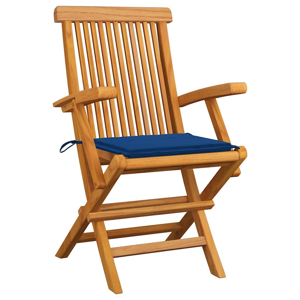 Set 3 Sedie da Giardino in Teak Pieghevoli con Cuscini Blu Reale | Poltroncine salvaspazio per esterno, ideali per arredare terrazzo, balcone o veranda durante i pranzi all'aperto.