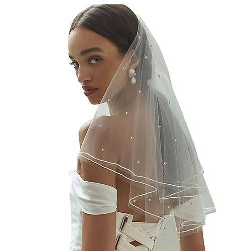 White Short Wedding Veil Pearl Rhinestone Bride Veils Bridal Veils