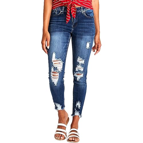 Resfeber Women's Ripped Boyfriend Jeans Stretch Distressed Jeans Capri Mom Jean with Hole
