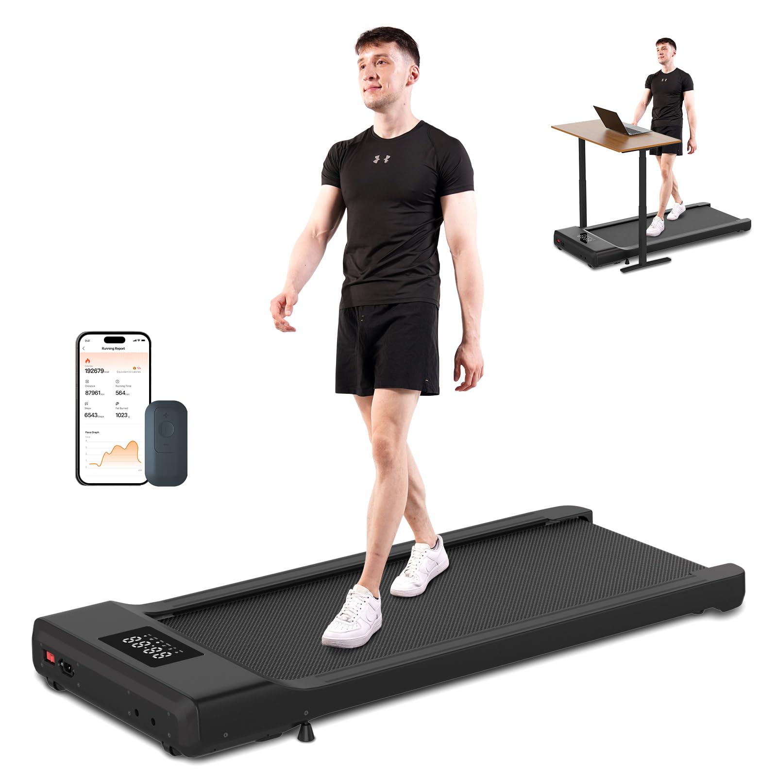 DeerRun Smart Walking Pad, Portable Under Desk Treadmill for Home/Office. LED Display, Remote & APP Control,Quiet Operation