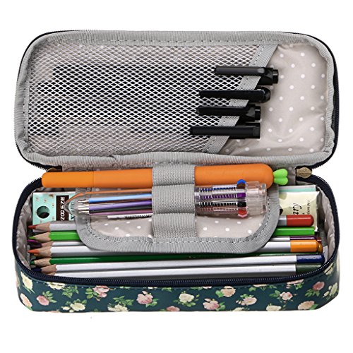 Btsky Cute Pencil Case - High Capacity Floral Pencil Pouch Stationery Organizer Multifunction Cosmetic Makeup Bag, Perfect Holder For Pencils And Pens Dark Blue #TOP5
