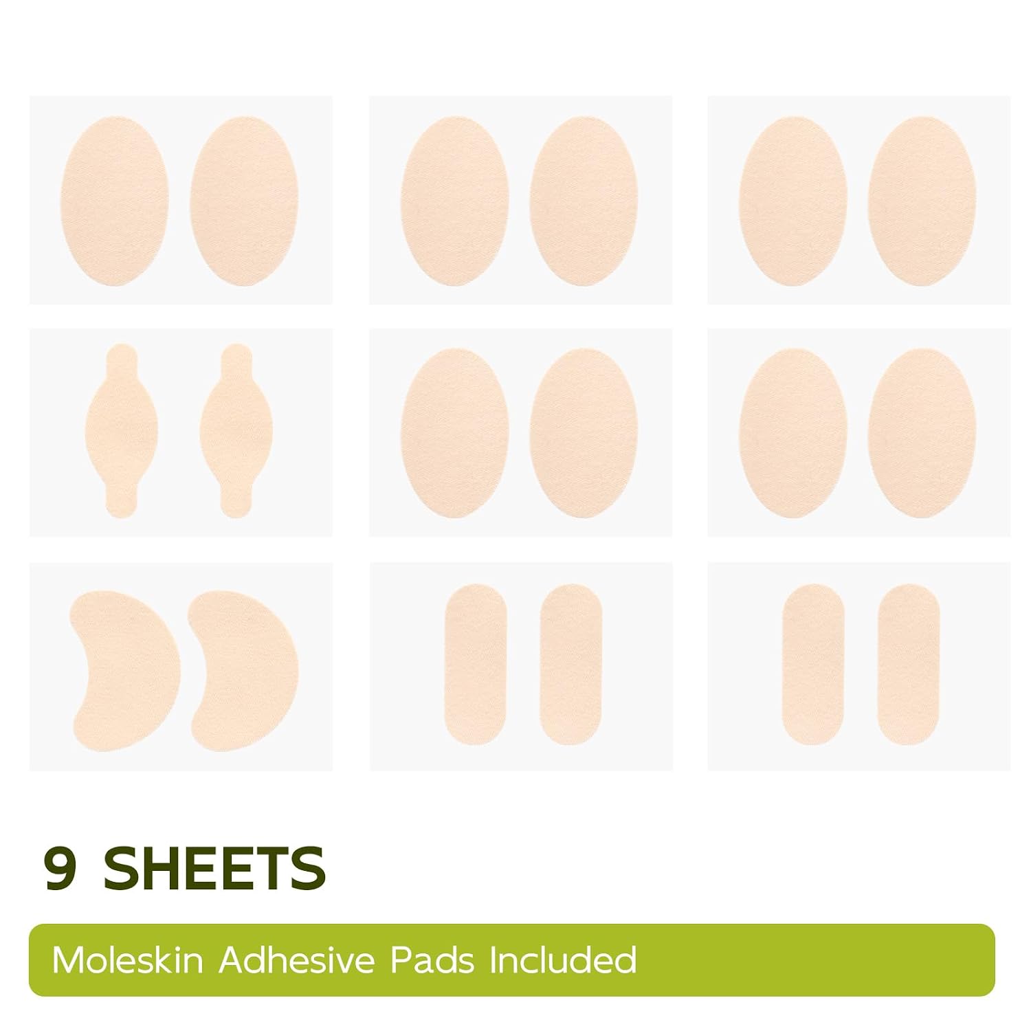 Bukihome Moleskin Adhesive Pads for Feet - Blister Prevention Tape Cushions Corns, Calluses - Moleskin Padding for Toes, Heel, Foot, Reduce Shoe Pressure and Friction - 4 Shapes (18 Pieces, Beige)