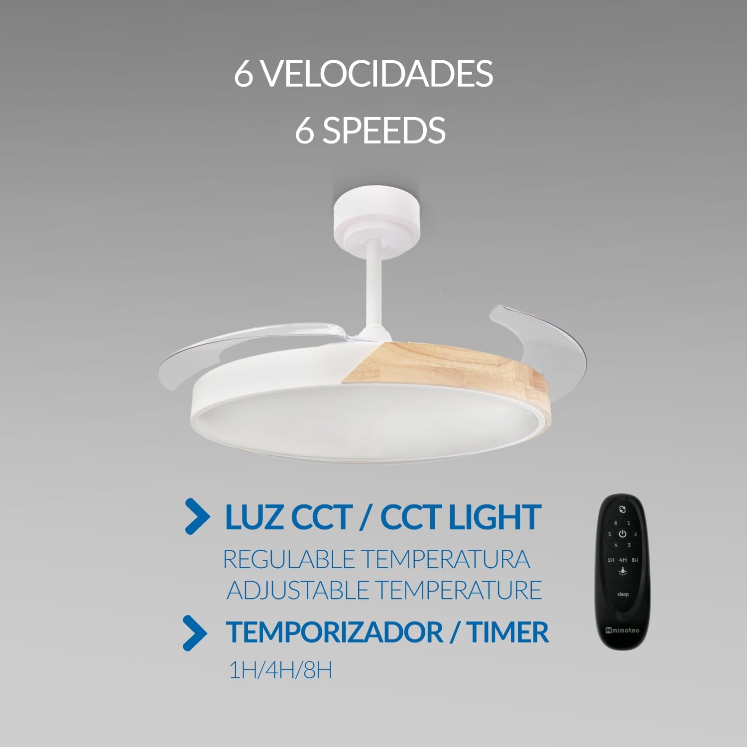 M mimotec - Ventilador de Techo Led Coal Nature ø108 Cm | 6 Velocidades | Luz regulable (CCT) | Temporizador | Modo verano - invierno| Temporizador. LM8829