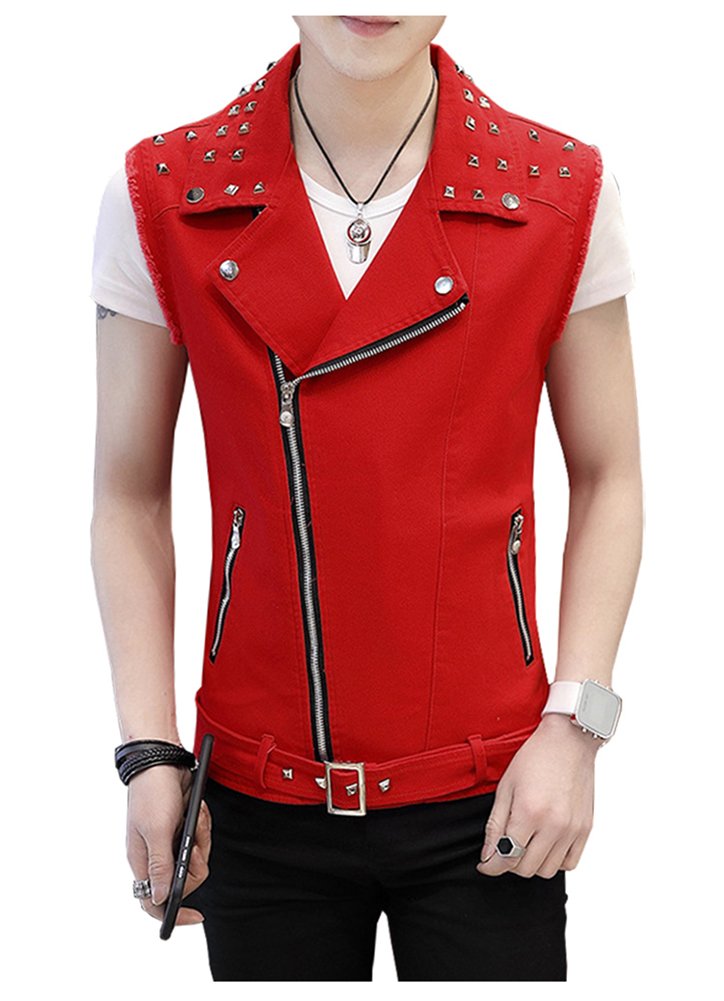 Men's Sleeveless Lapel Punk Zipper Denim Jean Vests Jacket With Rivets