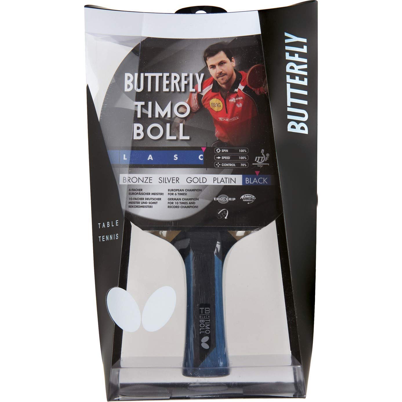 Butterfly® Timo Boll Black rakieta do tenisa stołowego, rakieta do tenisa stołowego, dla zaawansowanych technicznie graczy, z certyfikatem ITTF Wakaba, anatomiczny kształt uchwytu