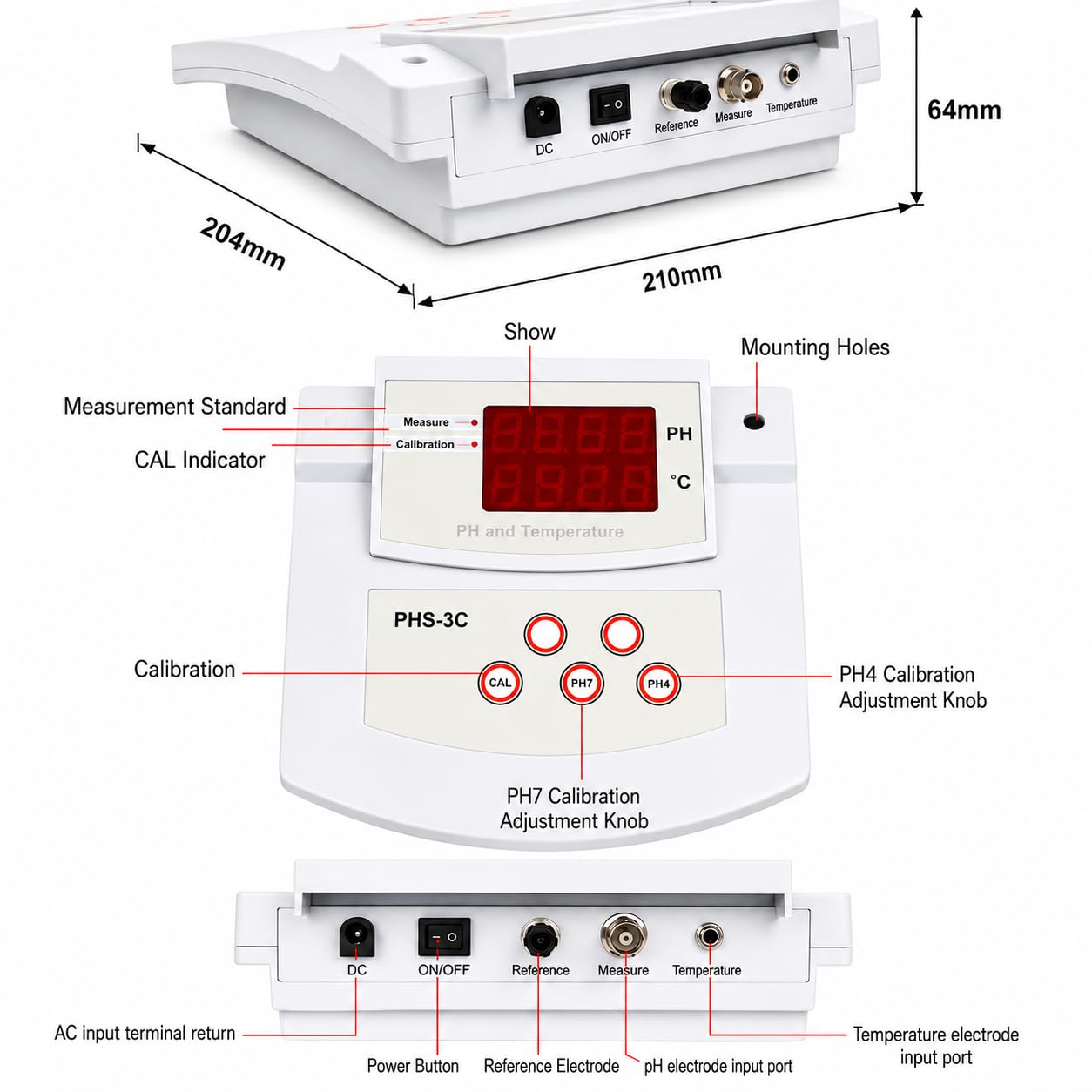 Medidor de pH para laboratorio con pantalla LED y soporte, incluye 2 electrodos de pH/temperatura y calibración automática de 2 puntos para pruebas de acuario y acuicultura