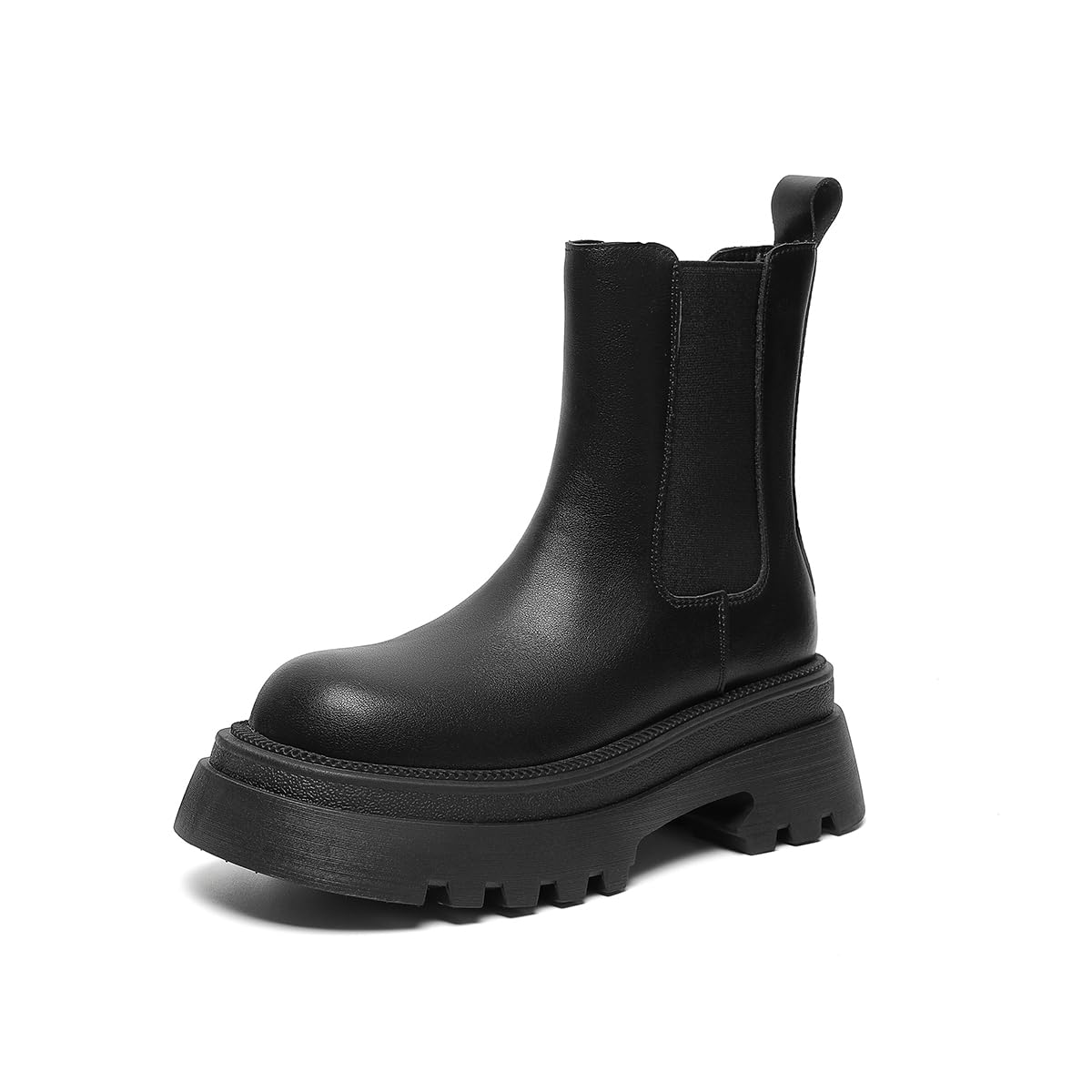 Amoji Women Leather Chelsea Platform Boots Lug Sole Ankle Booties 916