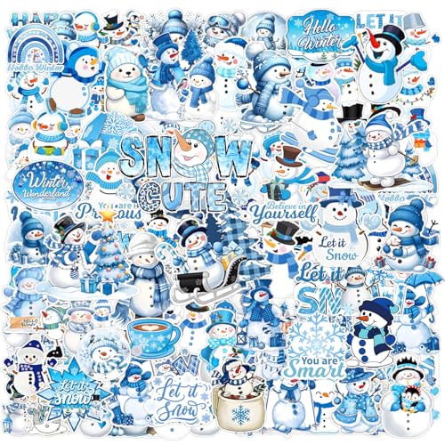 120 PCS Winter Snowman Stickers Wonderland Christmas Snowflake Let It Snow Party Decor Blue and White Snowman Stickers Vinyl Xmas Holiday Decals Winter Wonderland Party Decorations