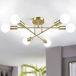 Lustre Pendente Moderno para 6 Lâmpadas E27 – Hastes Longas de Ferro – Design Minimalista para Sala de Estar, Ambientes Criativos e Comerciais – Não Acompanha Lâmpadas (Dourado)