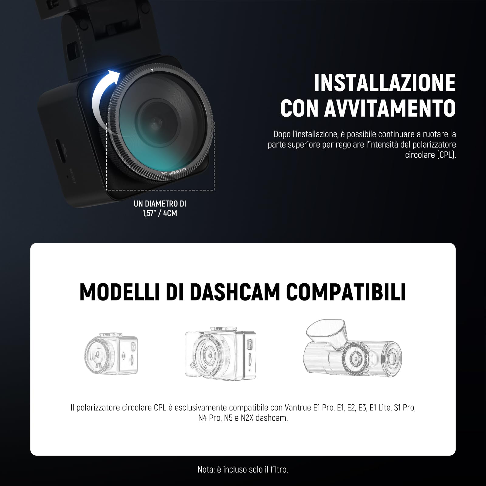 NEEWER Filtro CPL da 40mm Compatibile con Vantrue N4 Pro N5 E1 Pro E1 E2 E3 E1 Lite S1 Pro N2X Dash Cam, Filtro Polarizzatore Circolare Ultra Sottile Regolabile, Riduce Riflessi e Aumenta Contrasto