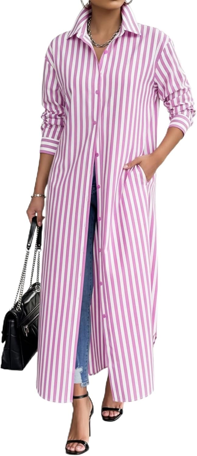 Choichic Shirt Dresses for Women Cotton Button Down Oversized Striped Maxi Dress Cover Up with Pockets