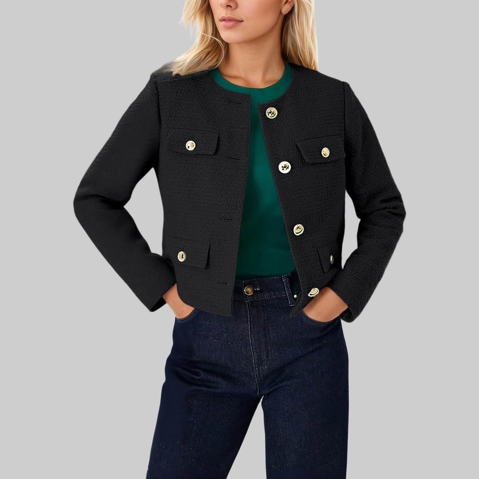 Strickjacke Damen mit Rundhalsausschnitt Knopfbesatz Cropped Schnitt vielseitig fürs Wochenende Leichter Cardigan Strickpullover Übergangsjacke lockere Passform ideal Sommer Herbst