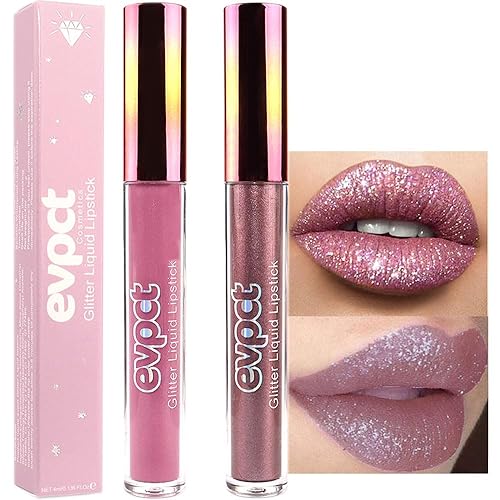 evpct Juego de 2 lápices labiales líquidos de larga duración color malva y gris pardo, morado mate a purpurina, para mujer, con diamantes,