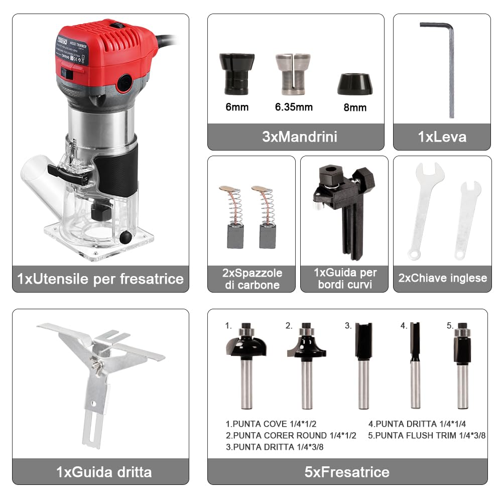 TEENO Rifilatore Fresatrice Verticale per Legno 800W 13000-33000 RPM Con Copertura Antipolvere, Legno Rifilatrice Elettrica Con 5 pezzi 1/4" Fresatura Cuter, 6 Velocità Variabili, Mandrino 6/6.35/8mm