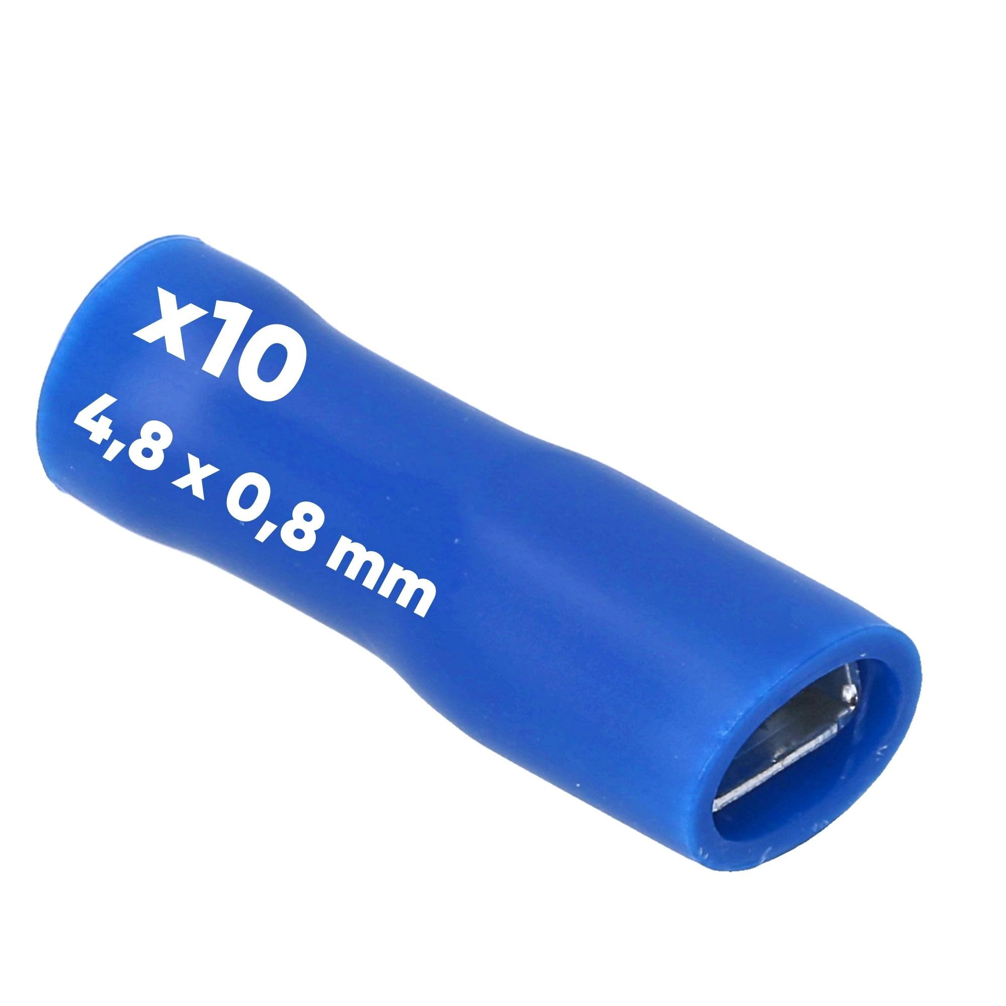 Kalitec Lot de 10 Cosses Plates Bleues 4,8 x 0,8 mm, Connecteur de Câble | Section 1,5-2,5 mm², AWG 16-14, Entièrement Isolé, Laiton avec Manchon en Cuivre, pour Voiture et Armoire Électrique