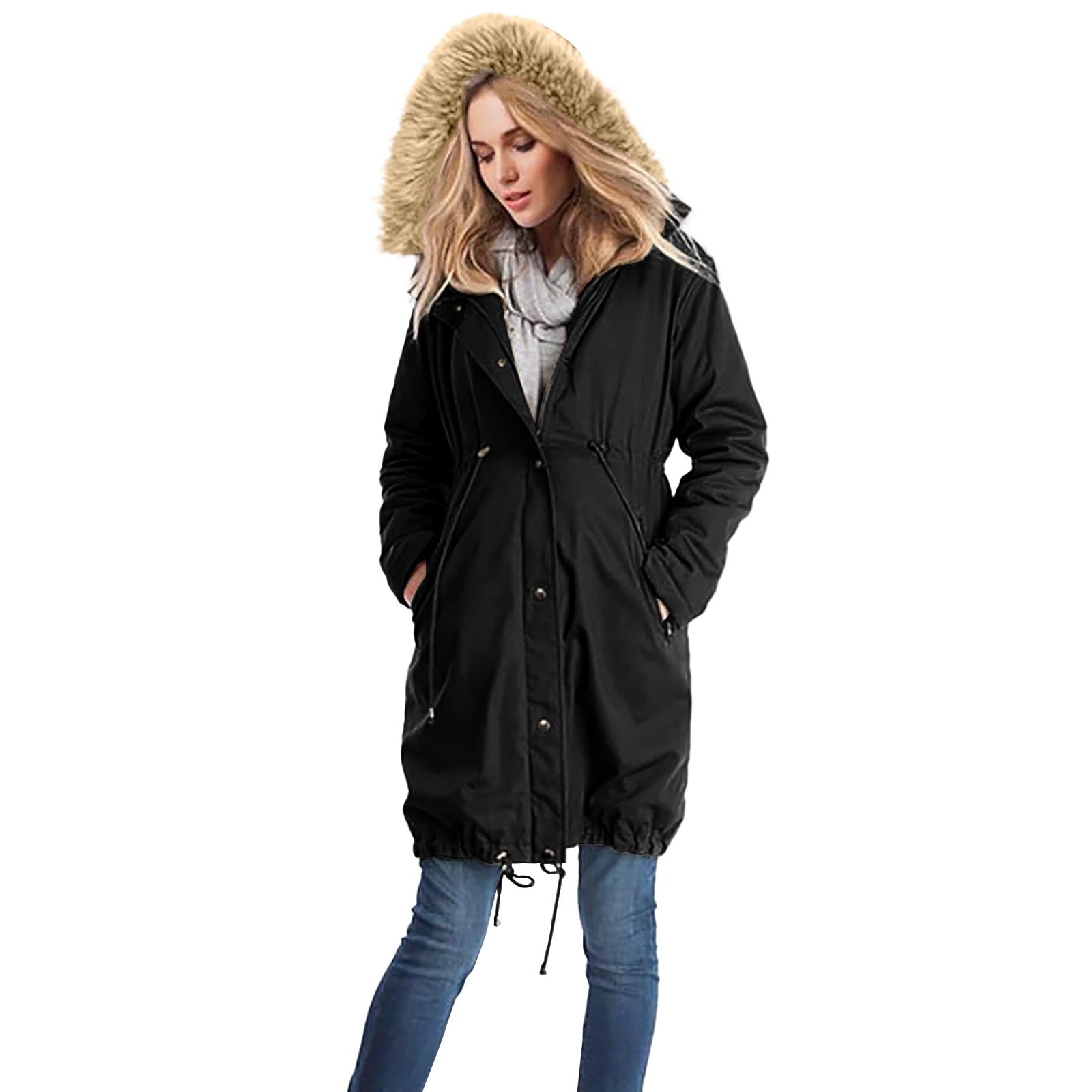 Veste De Maternité avec Empiècement pour Bébé Polyvalent Manteaux en Coton 3 en 1 d'hiver Longueur Genou avec Cordon De Serrage Réglable Et Col en Fourrure Vestes d'hiver Chaude Blousons De Maternité