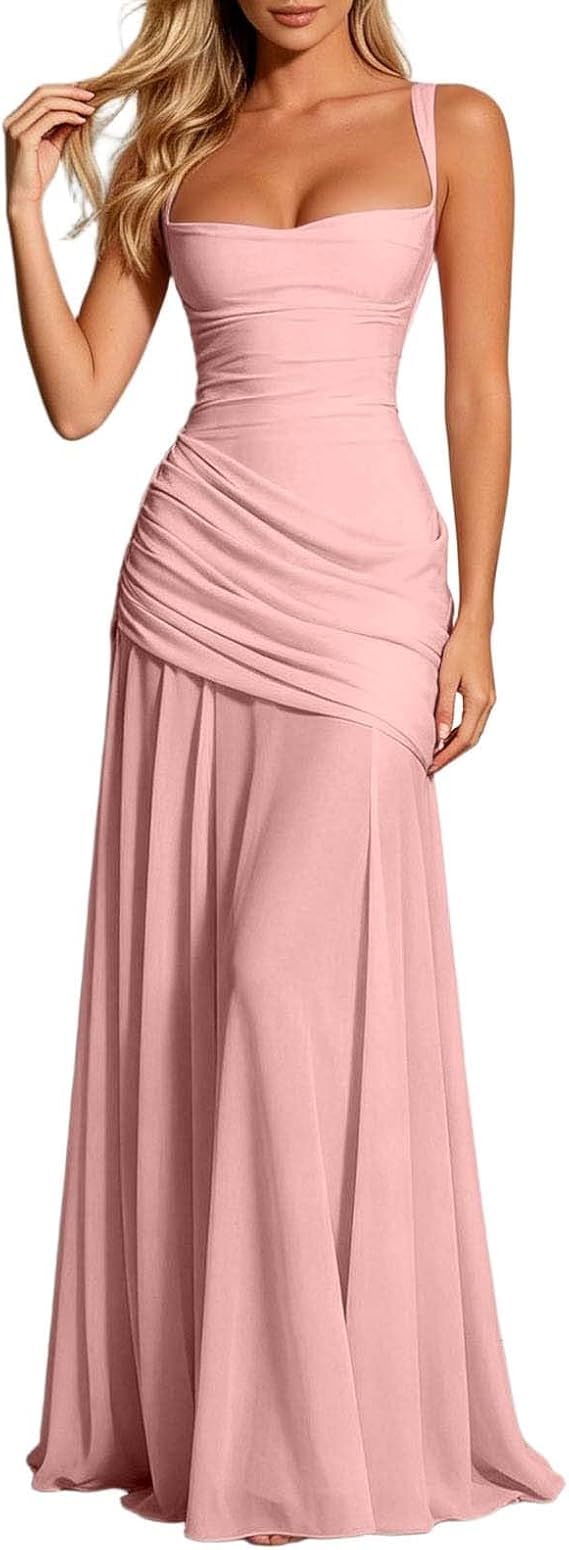 Vestido de dama de honor con tirantes delgados, plisado, línea A, vestido de noche, escote cuadrado, espalda descubierta, boda, baile de graduación