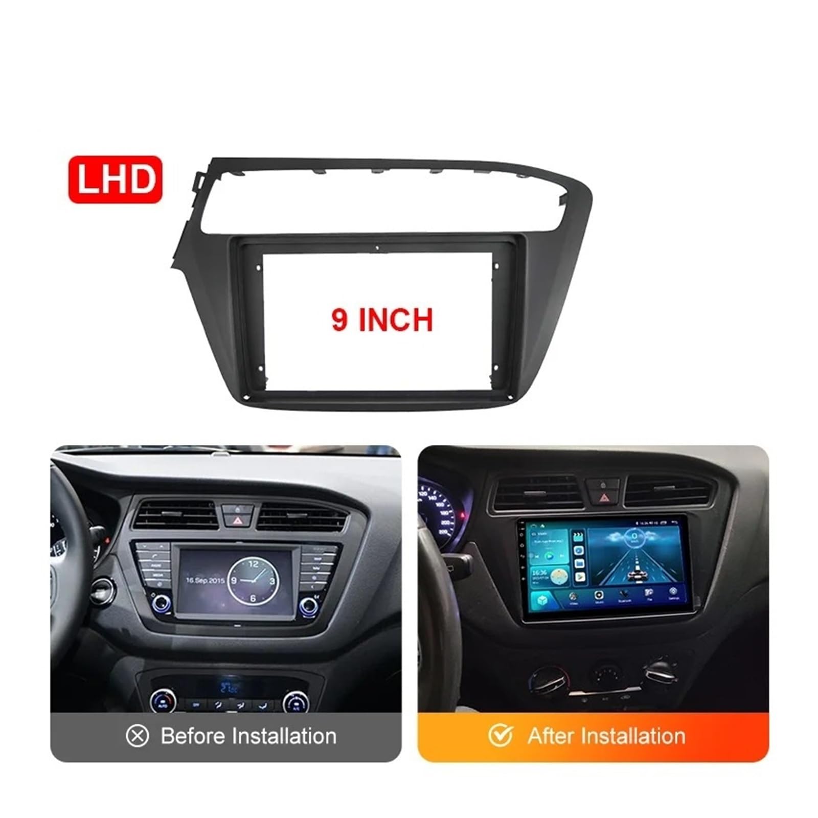 AVFORA Autoradio Cadre Radio Façade pour Hyundai pour I20 2014-2018 2019 9 ''autoradio Fascia Android MP5 Lecteur Panneau Boîtier Cadre 2 Din Stéréo Tableau Bord Garniture | FrameC Cable 2PCS