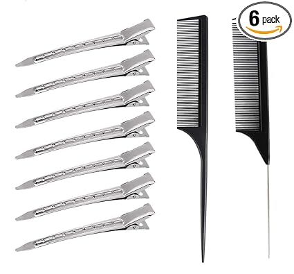 Calitate24 6pcs Professional Hair Section Clips 3.5 inches Steel Hair Dividing Clips Duck Teeth Crocodile Clips Alligator Clips Hair Styling Clips with 2 Tail Comb